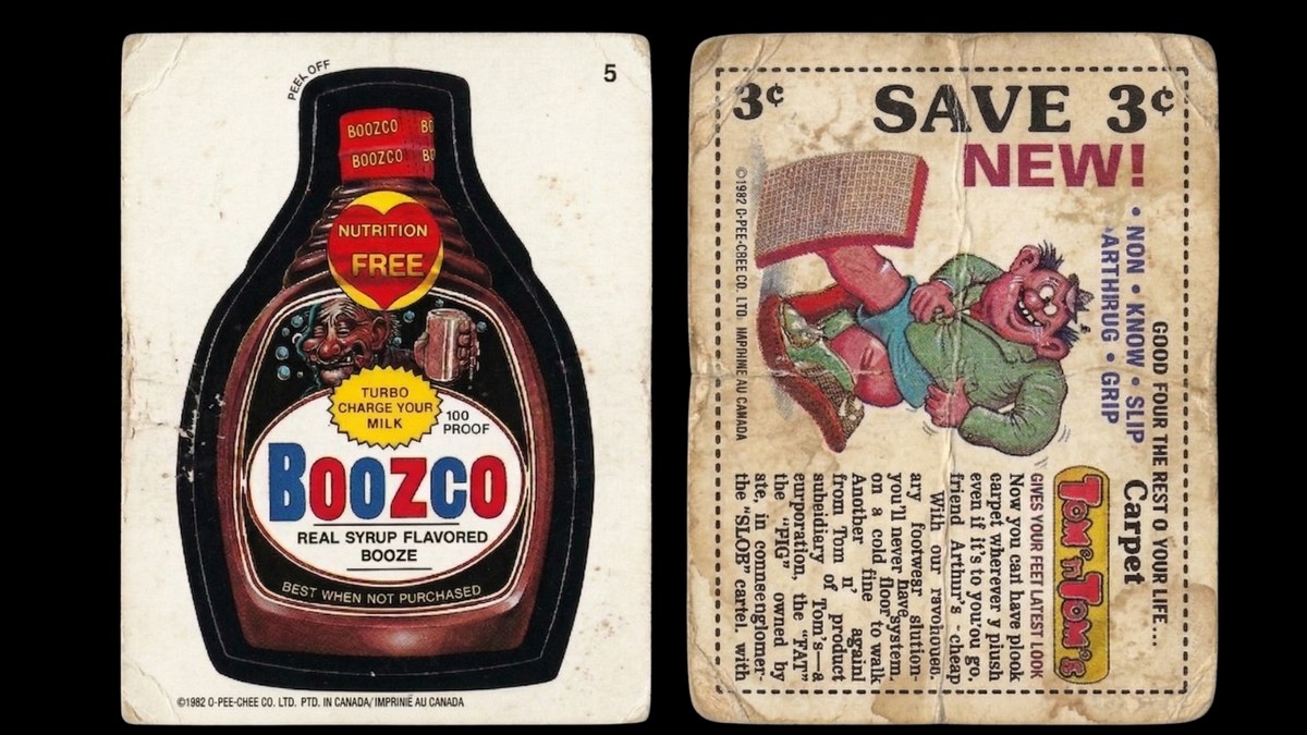 Boozco sticker shown front and back in Below VG condition — heavy creases across the surface, significant staining and yellowing on the back, edge wear.