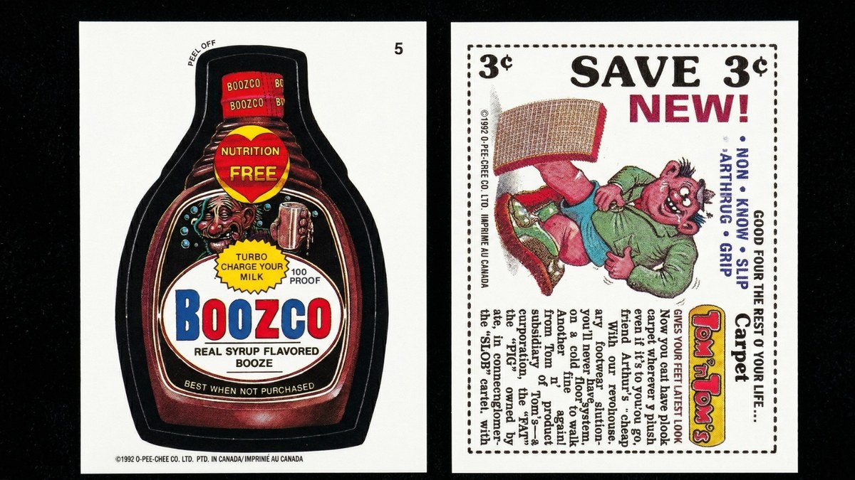 Boozco sticker shown front and back in Near Mint condition — sharp corners, bright colours, no visible wear or creases.