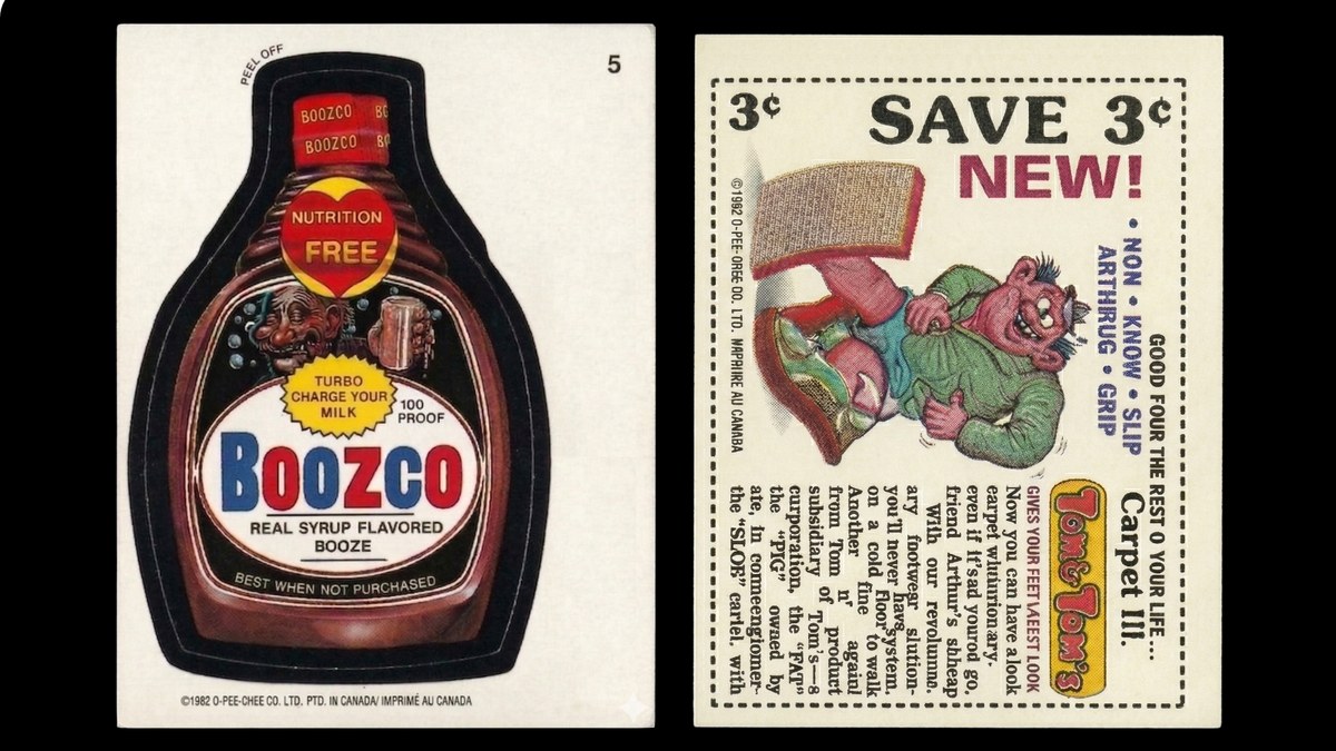 Boozco sticker shown front and back in Very Good condition — rounded corners, visible handling wear, light creases and surface marks.