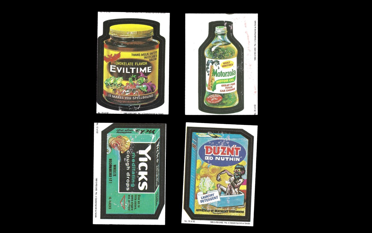 Four 1989 OPC Wacky cards arranged in a grid — Eviltime, Motorzola, Yicks, and Duzn't — each showing a different type of gum-related surface damage, including stuck gum residue, the outline of a gum stick, fibrous patches where gum was pulled away, and visible gum remnants.