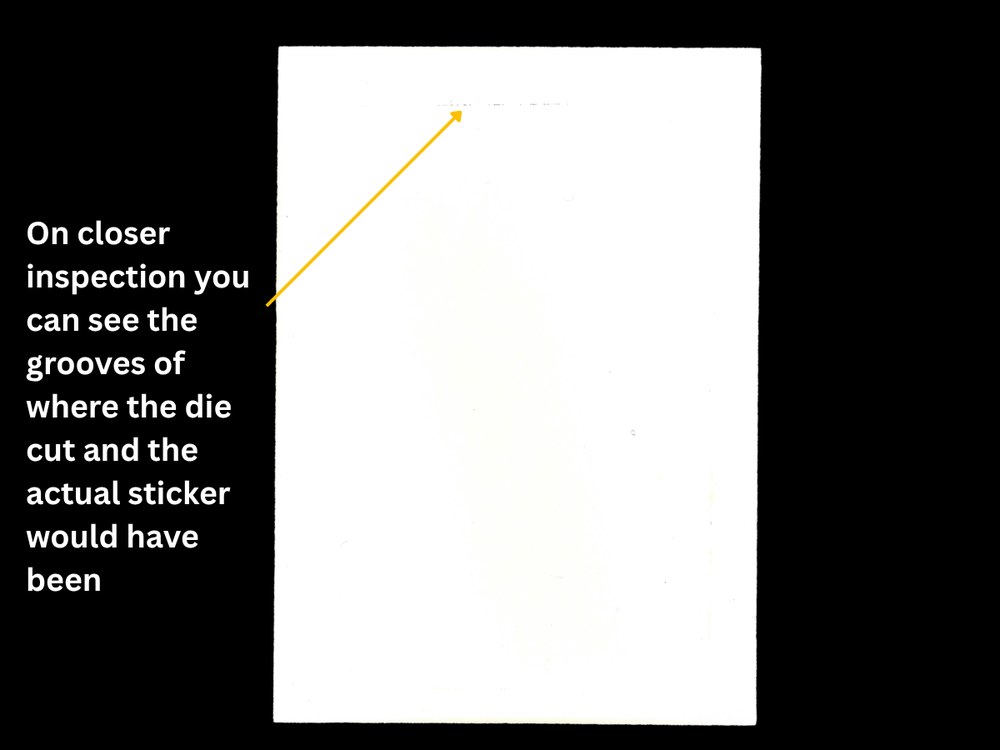 A completely blank-front OPC Wacky Packages card from a 1989 pack — raw white cardstock with only faint die-cut grooves visible where the sticker would have been.
