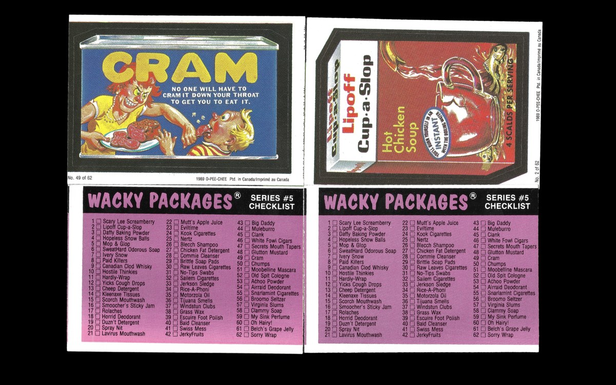 Two OPC Wacky Packages stickers — Cram and Lipoff Cup-a-Slop — shown front and back, with each sticker sitting at a different position on its cardstock and the checklist backs at a different alignment than the fronts.