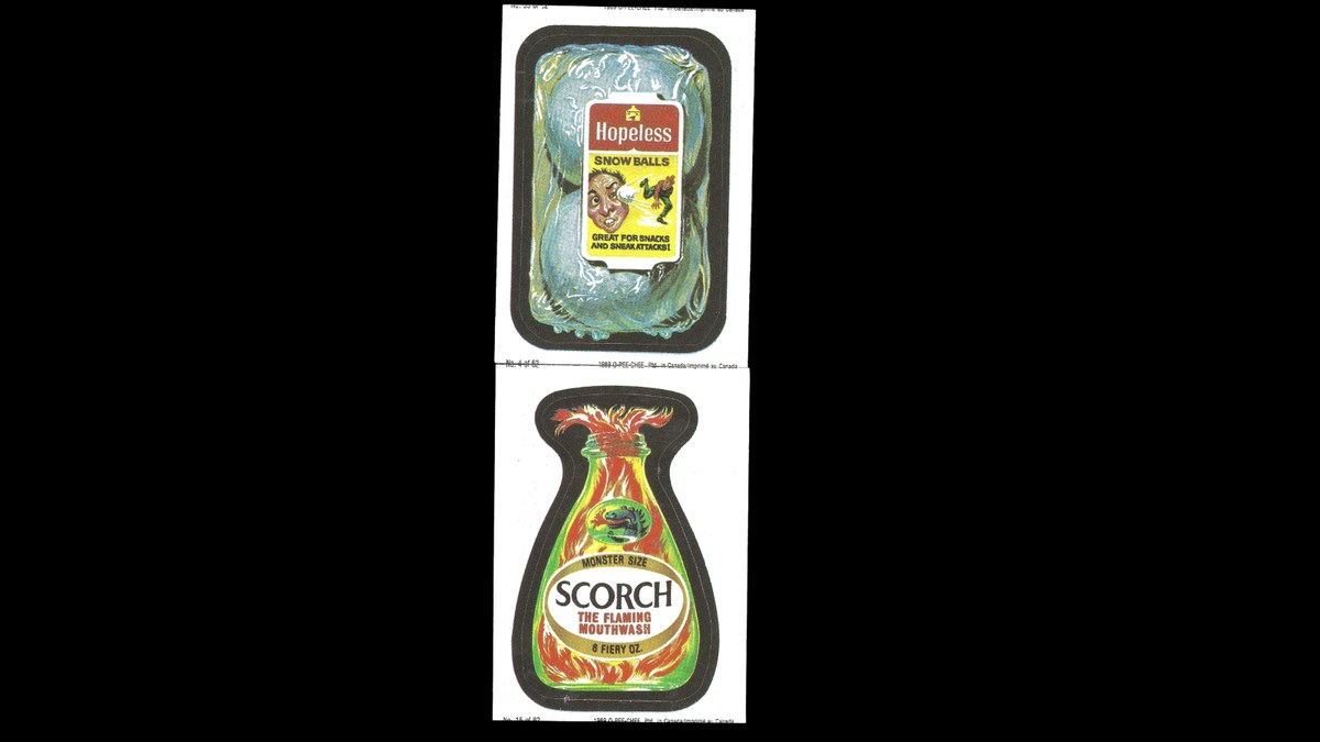 Two OPC Wacky Packages stickers — Hopeless Snow Balls and Scorch — from the same vertical strip on a printed sheet, with the printer's marginal text running across the cut line between them.