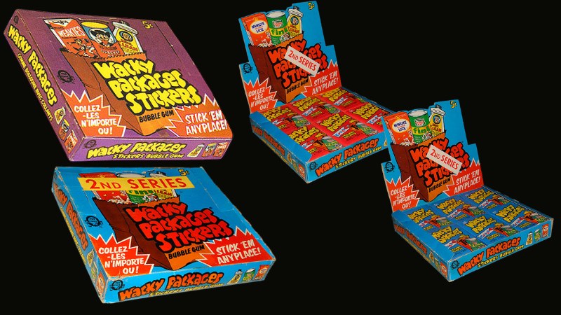 Four 1973 OPC display boxes side by side: top left is the Series 1 box, the other three are all 4th Series boxes mislabelled as 2nd Series