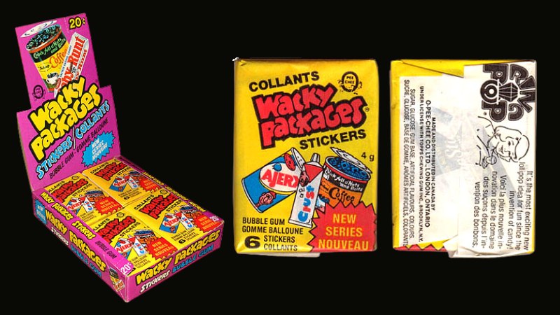 1979/80 OPC Wacky Packages 2nd and 3rd Rerun combined release — pink display box marked 20 cents alongside a yellow wax pack labelled New Series with French text