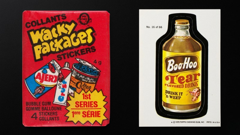 1979/80 OPC Wacky Packages 1st Series sealed pack with bilingual French/English text alongside a loose Boo-Hoo sticker showing the Topps copyright on the back