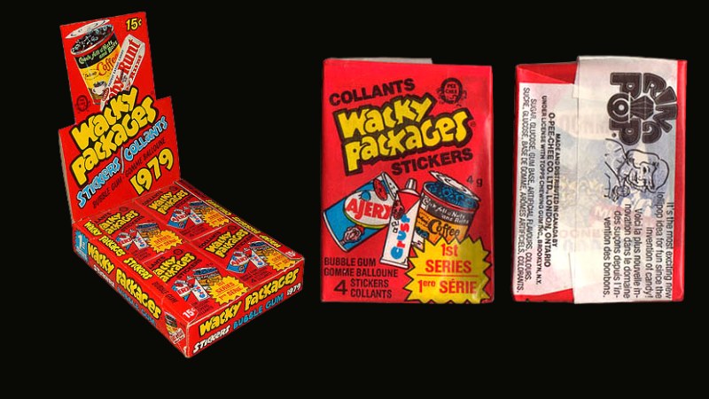 1979 OPC Wacky Packages 1st Series Rerun — red display box marked 1979 and 15 cents alongside a red wax pack labelled 1st Series with French text