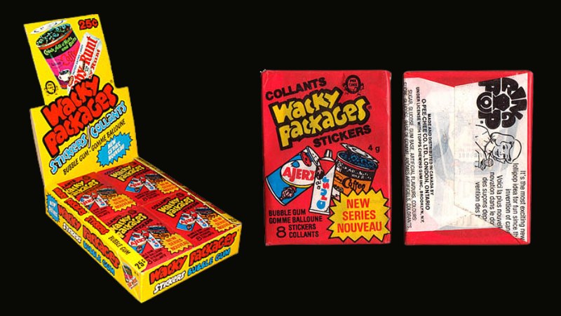 1980 OPC Wacky Packages 4th Series Rerun — yellow display box marked 25 cents alongside a red wax pack labelled New Series with French text