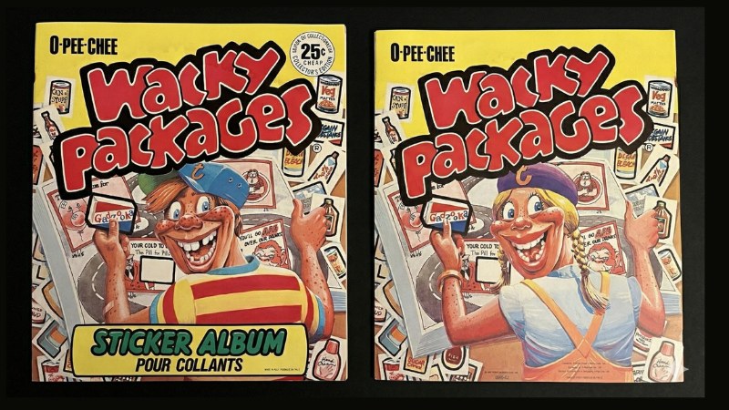 1982 OPC Wacky Packages sticker album showing front and back covers with O-PEE-CHEE branding and bilingual French "STICKER ALBUM / POUR COLLANTS" text