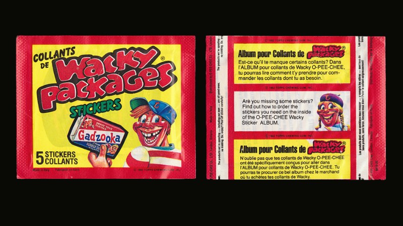 1982 OPC Wacky Packages Album Sticker pack, front and back, showing the red wrapper with bilingual French text, the Gadzooka tube, and Made in Italy markings