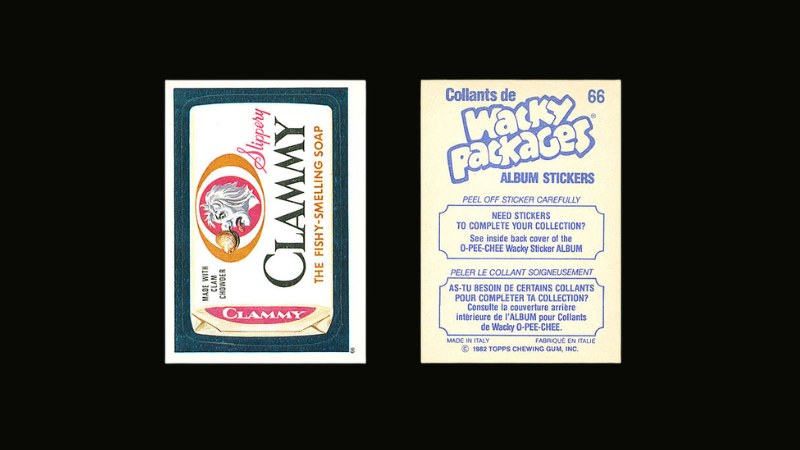1982 OPC Slippery Clammy sticker (card #66) showing the front and the bilingual French/English back referencing the O-PEE-CHEE Wacky Sticker Album