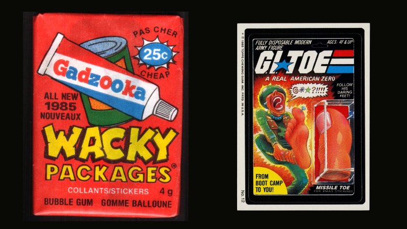 1985 OPC Wacky Packages sealed pack with bilingual French/English text alongside a loose G.I. Toe sticker showing the Topps copyright