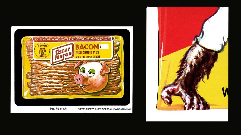 1987 OPC Wacky Packages Oscar Moron Bacon sticker (#50 of 66) showing the "O-PEE-CHEE © 1987 TOPPS CHEWING GUM INC" copyright at the bottom, with a puzzle piece back