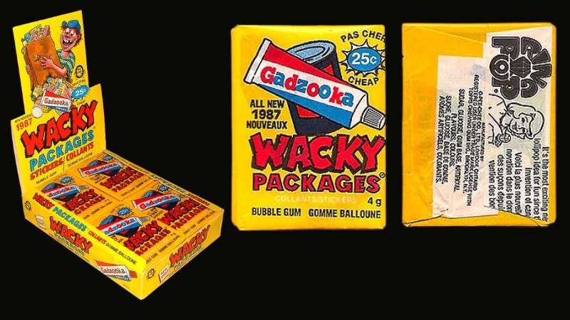 1987 OPC Wacky Packages yellow display box marked 1987 and yellow wax pack with All New 1987 Nouveaux branding and the Ring Pop ad on the back