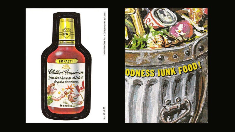 1988 OPC Wacky Packages Clubbed Canadian sticker (#19 of 66) showing the bilingual French/English "1988 O-Pee-Chee Ptd. in Canada / Imprimé au Canada" copyright