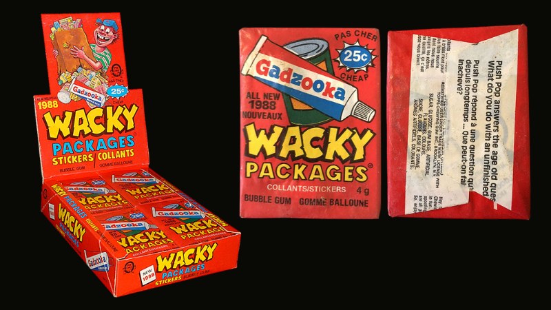 1988 OPC Wacky Packages red display box marked 1988 and red wax pack with All New 1988 Nouveaux bilingual branding