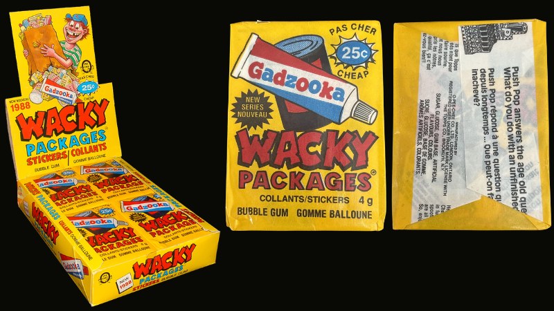 1989 OPC Wacky Packages display box mislabelled NEW 1988 alongside a yellow wax pack with NEW SERIES NOUVEAU branding and no year