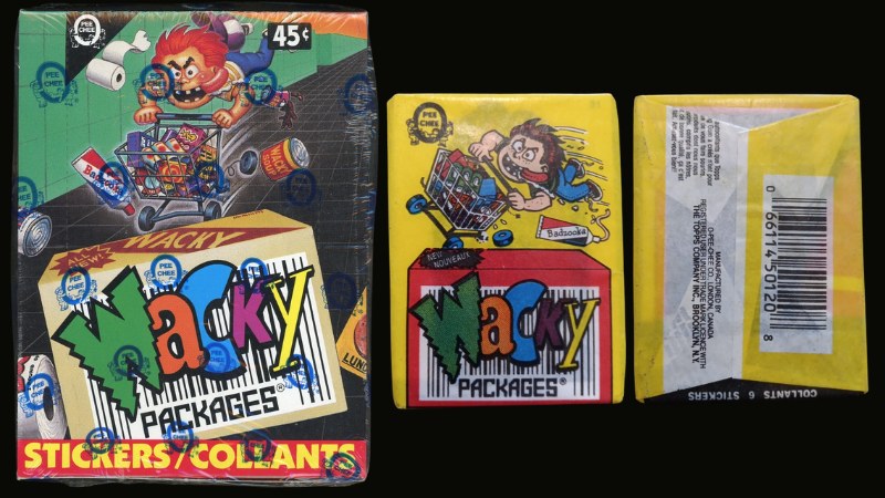 1992 OPC Wacky Packages display box marked 45 cents with the Badzooka graphic, alongside a yellow wax pack with the same Badzooka art and a UPC barcode