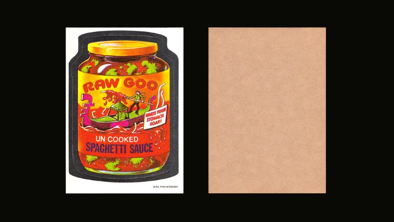 1973 OPC 4th Series Raw Goo Spaghetti Sauce sticker showing front with "O.P.C. PTD. IN CANADA" copyright and tan back